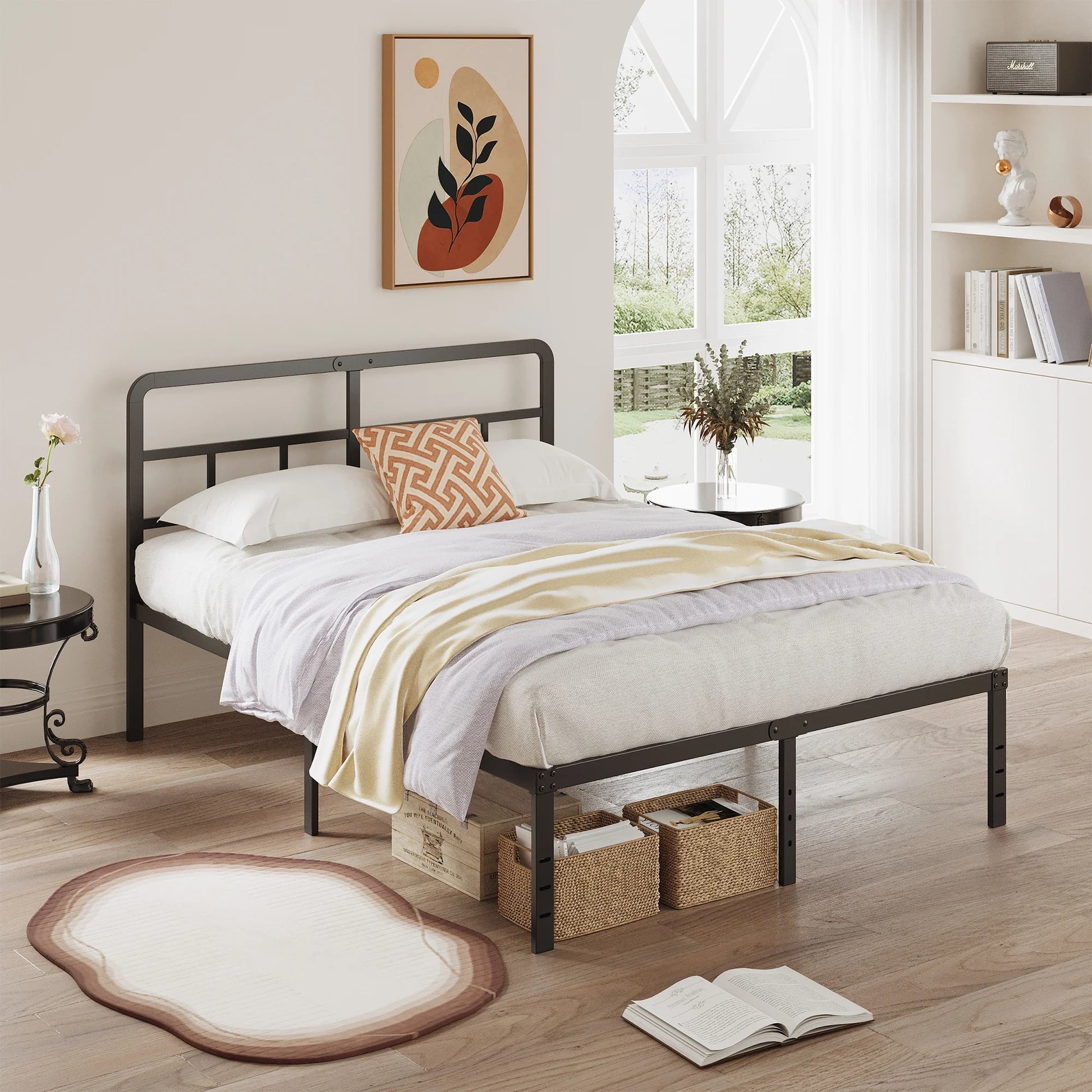 16 Inch King Size Bed Frame with Headboard, 16 Inch Metal Platform No Box Spring Needed Heavy Duty Steel Slat Mattress Foundation/Easy Assembly/Noise Free/Black