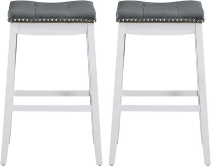 Bar Stools Set of 2, 29-Inch Height Backless Counter Stool with Footrest, Soft Seat Cushion, Wood Legs and Non-Slip Foot Pad, Saddle Stools for Home Kitchen Living Room, Stone Gray+White
