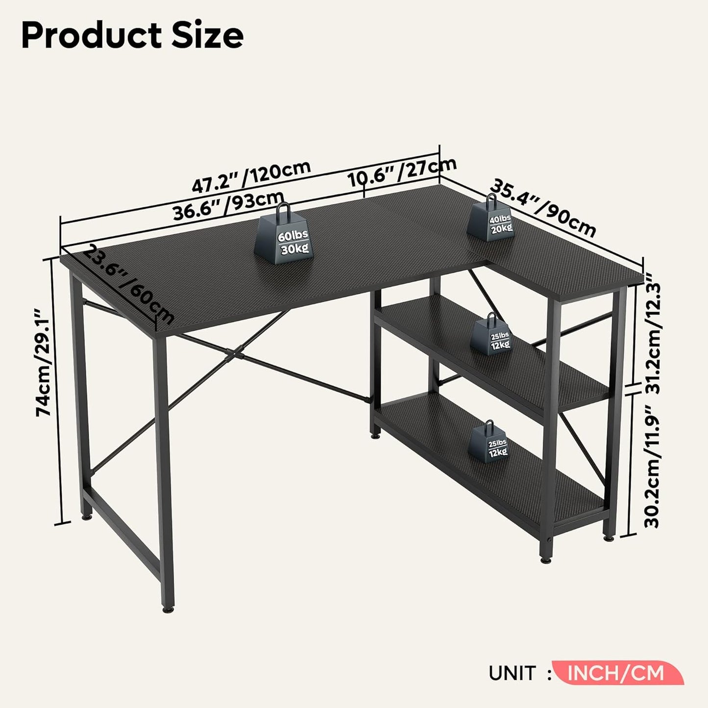 Small L Shaped Gaming Desk with Shelves 47 Inch Reversible Corner Computer Desk Writing Storage Table for Home Office Small Space, Carbon Fiber
