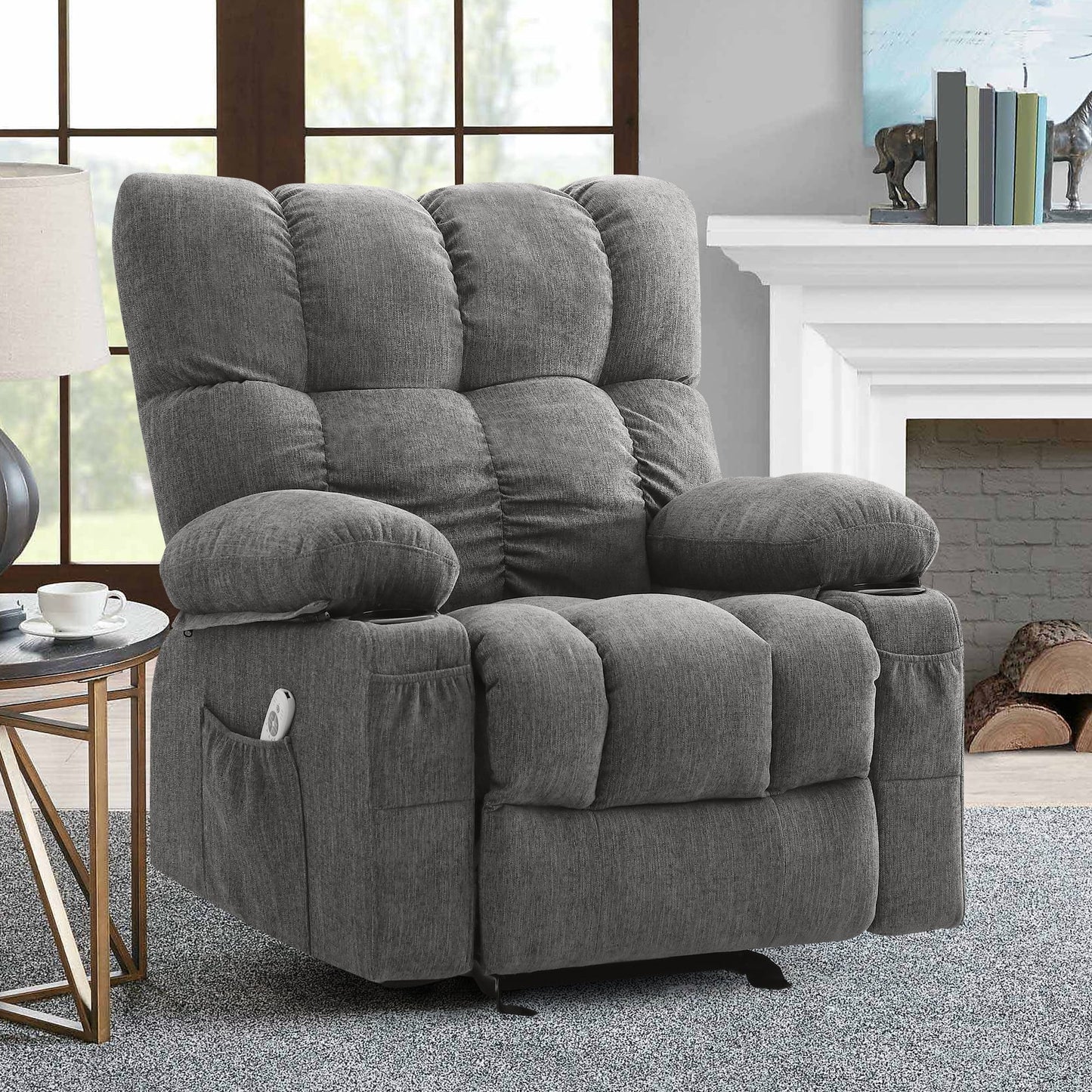 Manual Recliner Chair with Heat Therapy and Massage Function, Heavy Duty Reclining Mechanism Massage Chair, Elderly Single Rocker Sofa with Cup Holders for Bedroom Home Theater,Grey