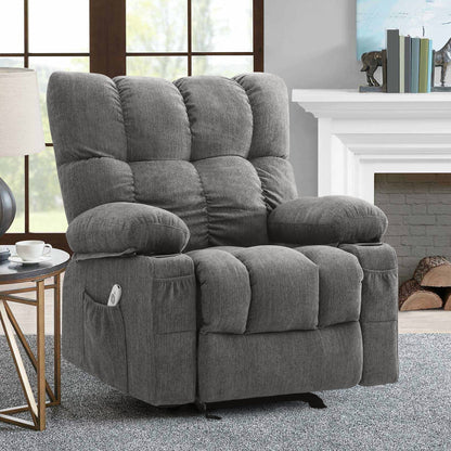 Manual Recliner Chair with Heat Therapy and Massage Function, Heavy Duty Reclining Mechanism Massage Chair, Elderly Single Rocker Sofa with Cup Holders for Bedroom Home Theater,Grey