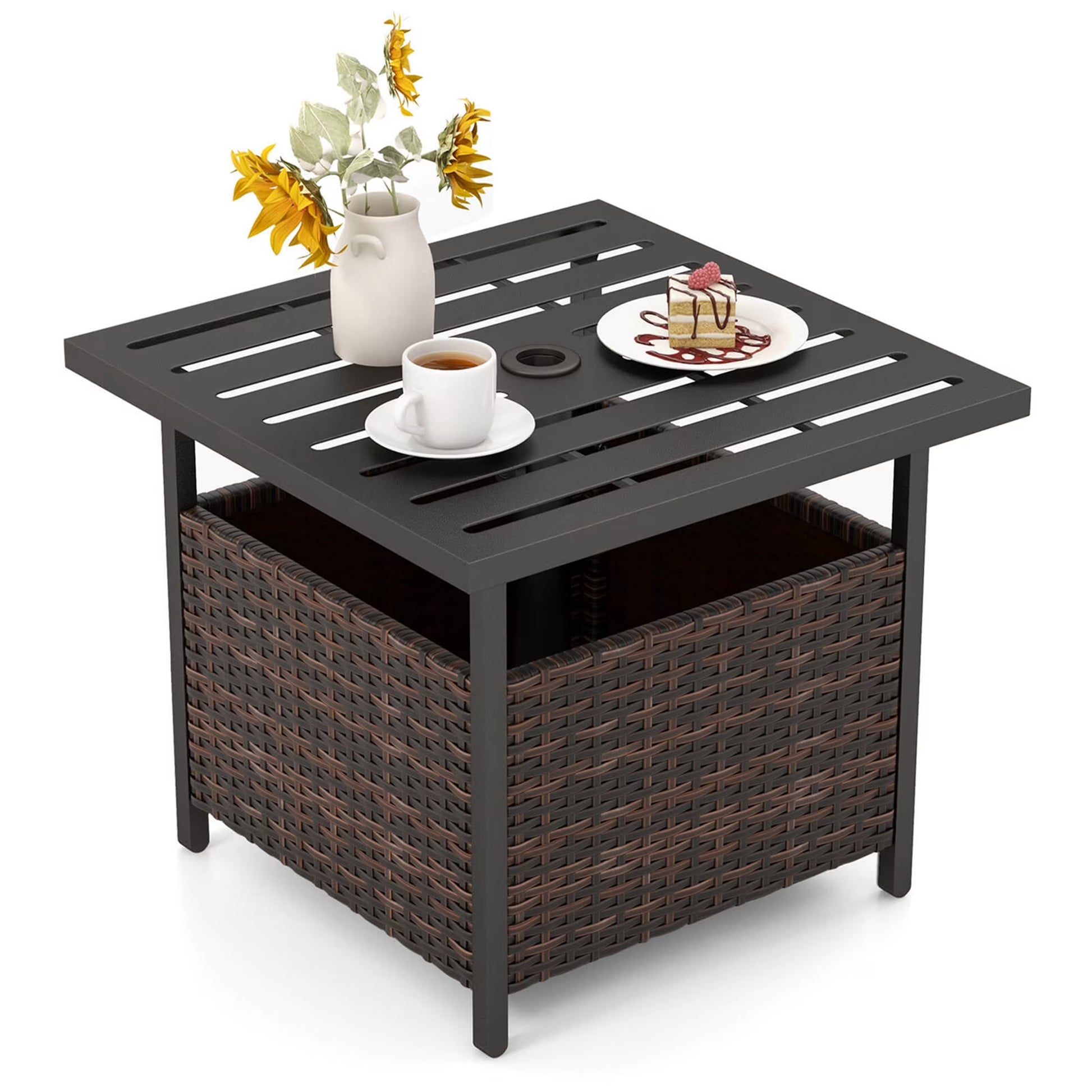 Rattan Wicker Steel Side Table Outdoor Furniture Deck Garden Patio Pool Brown