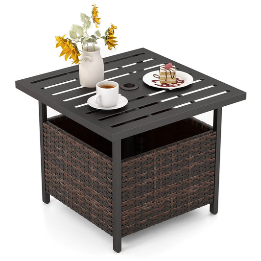 Rattan Wicker Steel Side Table Outdoor Furniture Deck Garden Patio Pool Brown