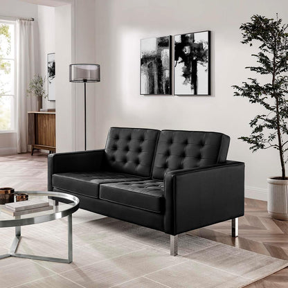 Loft Tufted Button Faux Leather Upholstered Loveseat in Silver Black