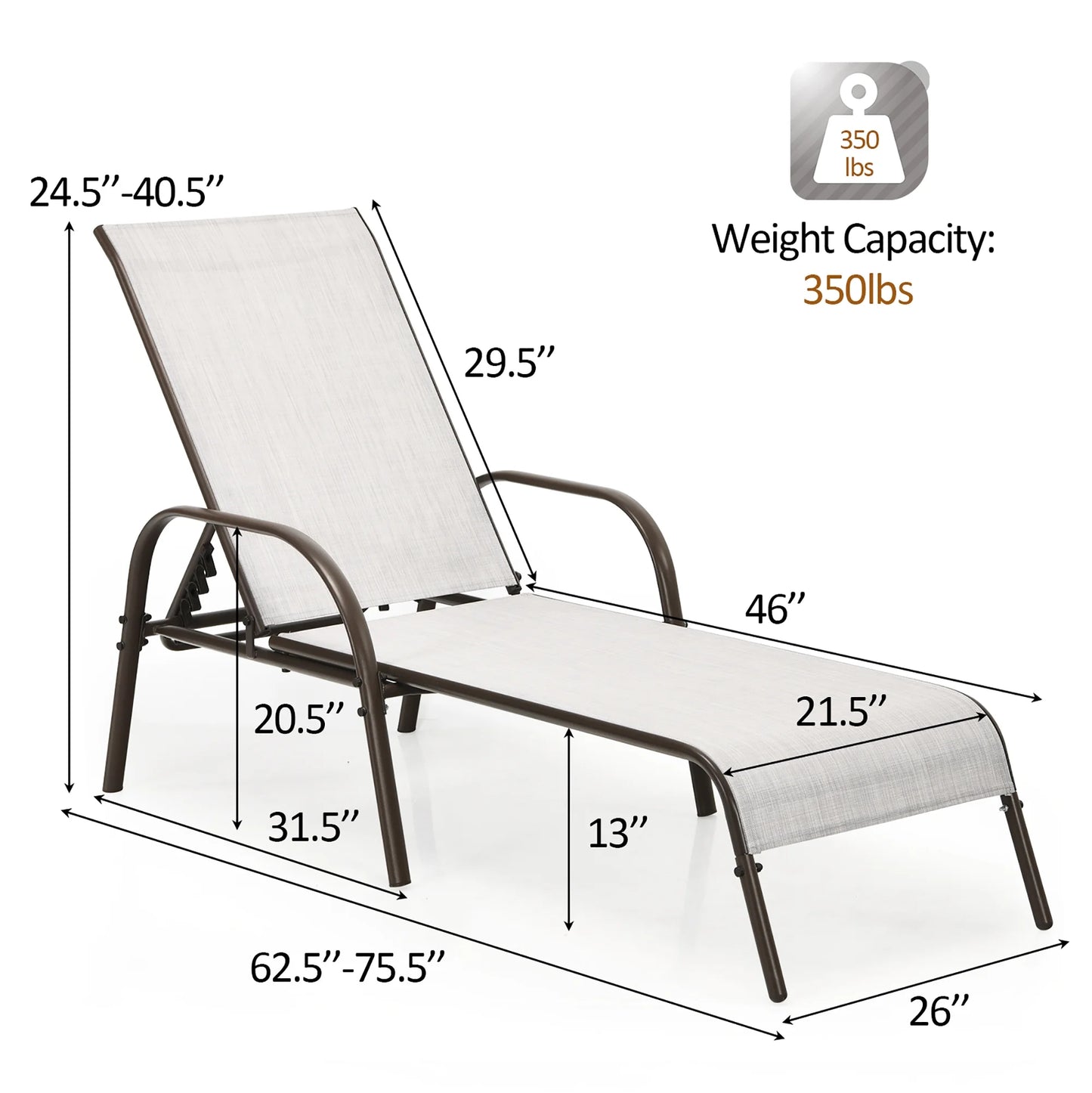 2PCS Patio Lounge Chair Chaise Adjustable Reclining Armrest Gray