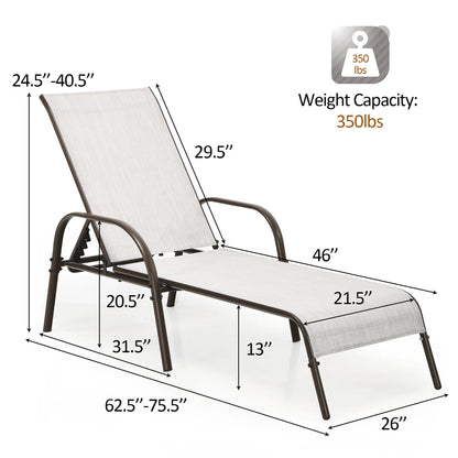 2PCS Patio Lounge Chair Chaise Adjustable Reclining Armrest Gray