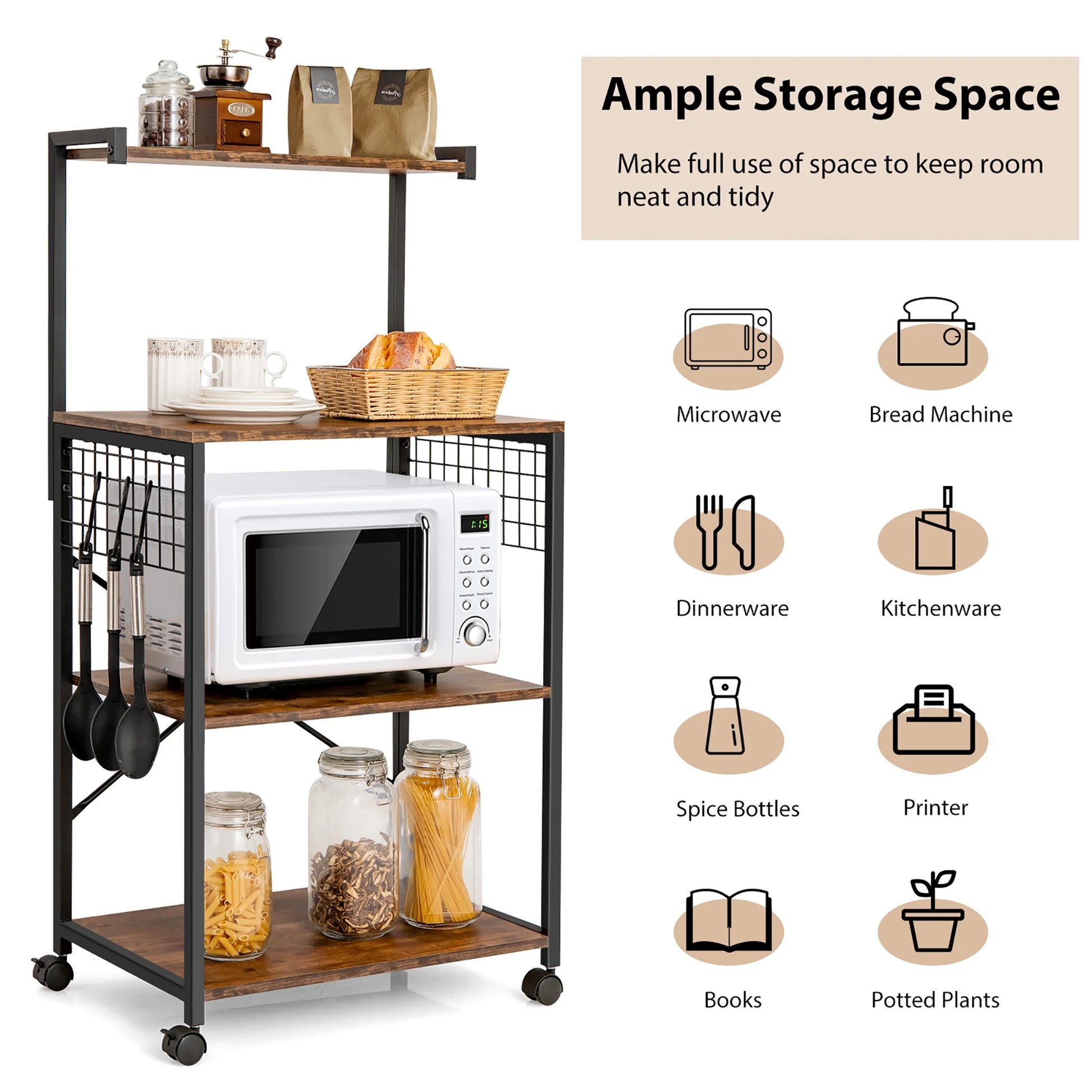 4-Tier Rolling Bakers Rack Industrial Utility Microwave Oven Stand Cart W/ Hooks