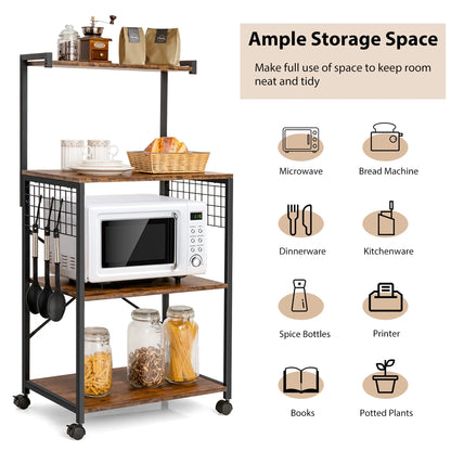 4-Tier Rolling Bakers Rack Industrial Utility Microwave Oven Stand Cart W/ Hooks