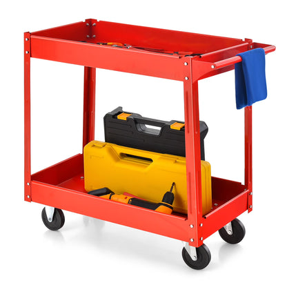 2-Tier Utility Cart Metal Service Cart Rolling Tool Storage Organizer with Handle Red