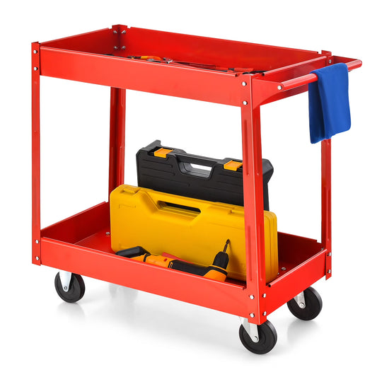 2-Tier Utility Cart Metal Service Cart Rolling Tool Storage Organizer with Handle Red