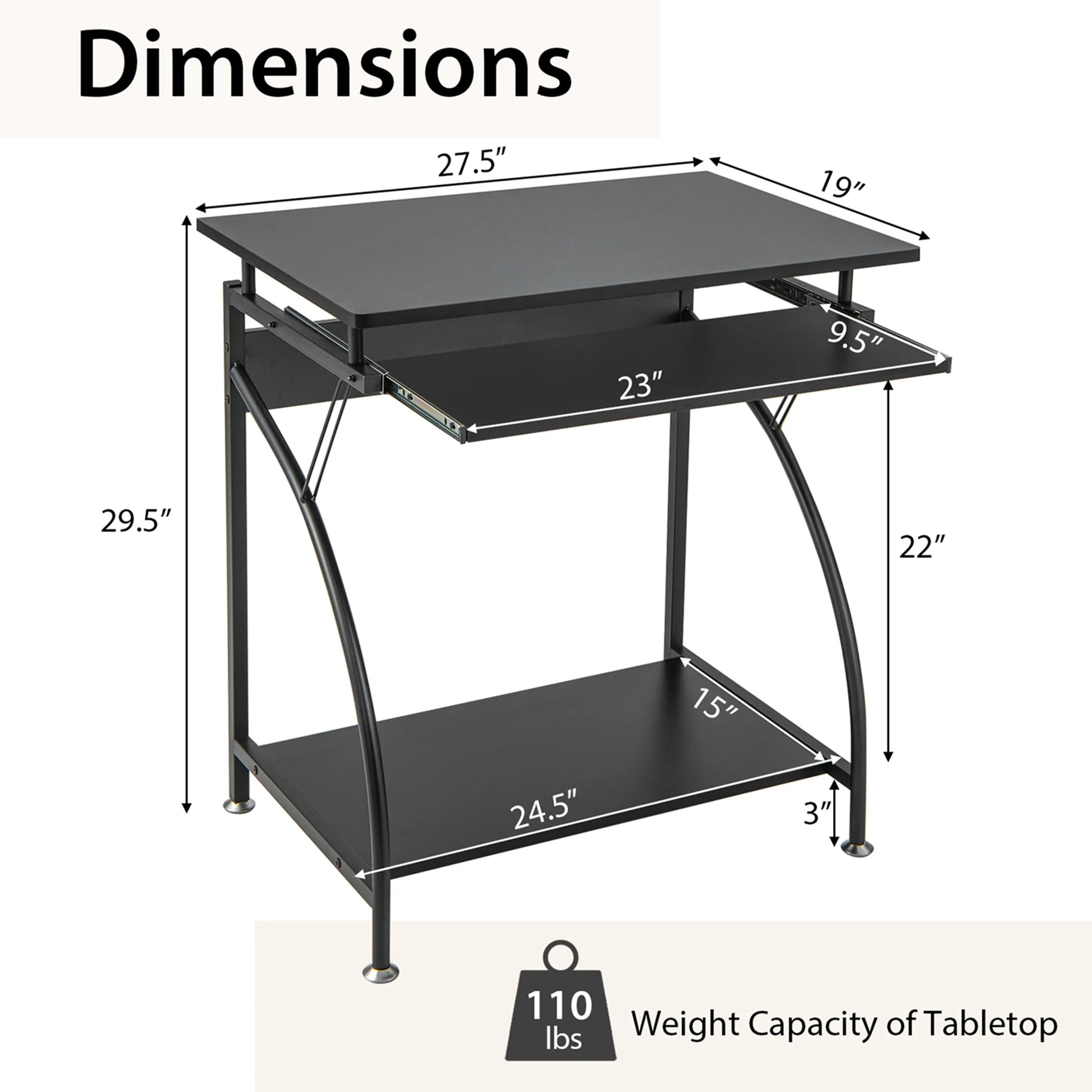 27.5" Laptop Table Computer Desk for Small Spaces with Pull-Out Keyboard Tray