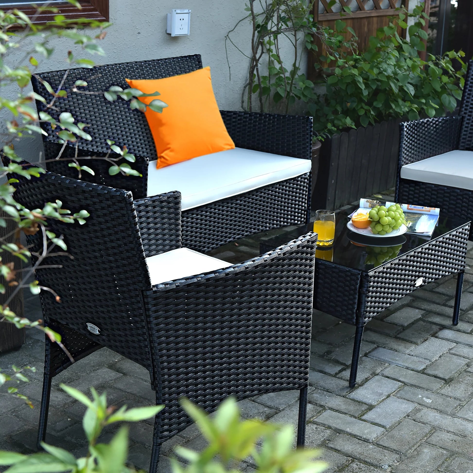4PCS Patio Rattan Furniture Set Cushioned Sofa Coffee Table Backyard Porch White