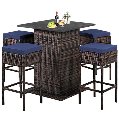 5PCS Patio Rattan Bar Table Stool Set Hidden Storage Shelf Cushioned Navy