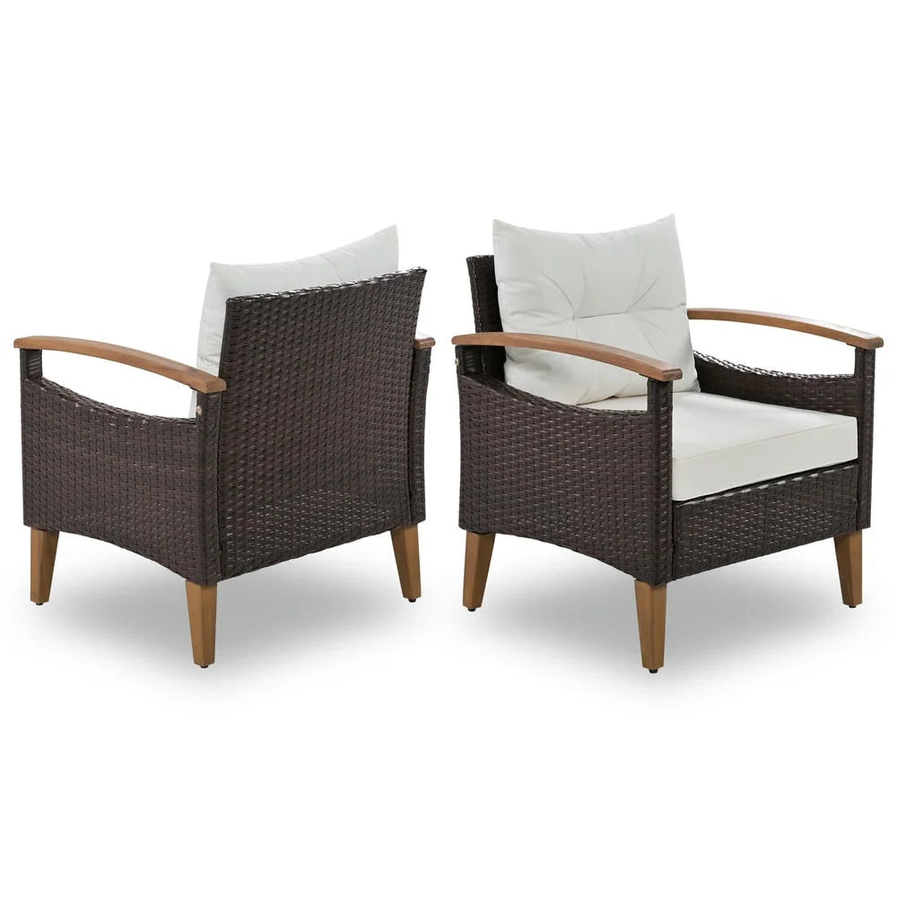 4-Piece Patio Seating Set, Patio Furniture Set, Patio Furniture Set, Wicker Garden Furniture with Wood Table and Legs, PE Rattan Outdoor Sofa Set for Balcony, Beige