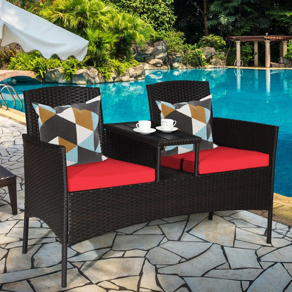 Patio Rattan Conversation Set Seat Sofa Cushioned Loveseat Glass Table Chair Red