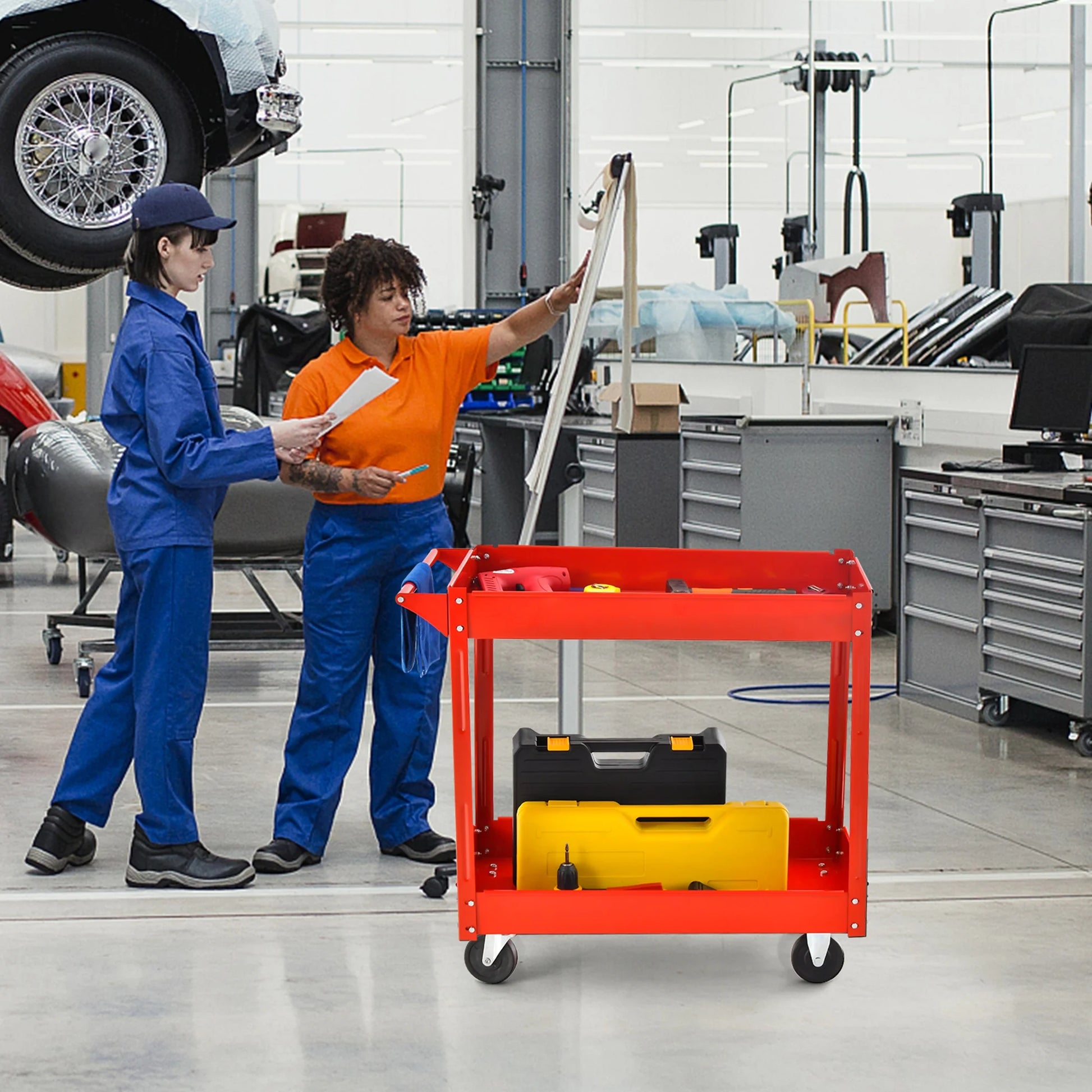 2-Tier Utility Cart Metal Service Cart Rolling Tool Storage Organizer with Handle Red
