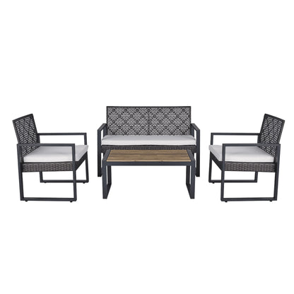 4-Piece Patio Seating Set, Patio Furniture Set, Patio Furniture Set, Wicker Garden Furniture with Wood Table and Legs, PE Rattan Outdoor Sofa Set for Balcony, Beige