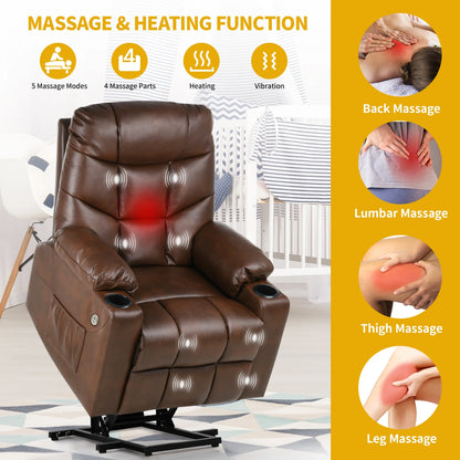 Power Lift Recliner Chair Heated PU Leather with Massage, Brown