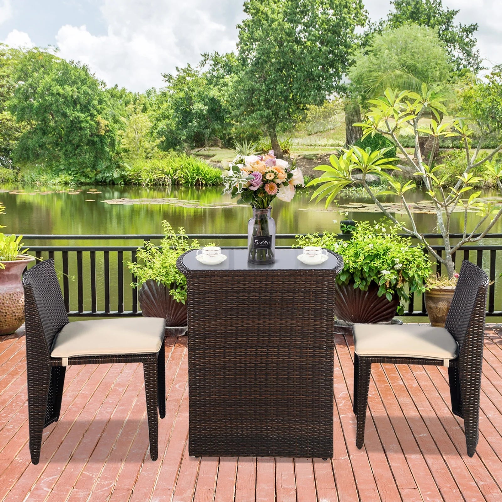 3 PCS Cushioned Outdoor Wicker Patio Set Garden Lawn Sofa Furniture Seat Brown No Assembly