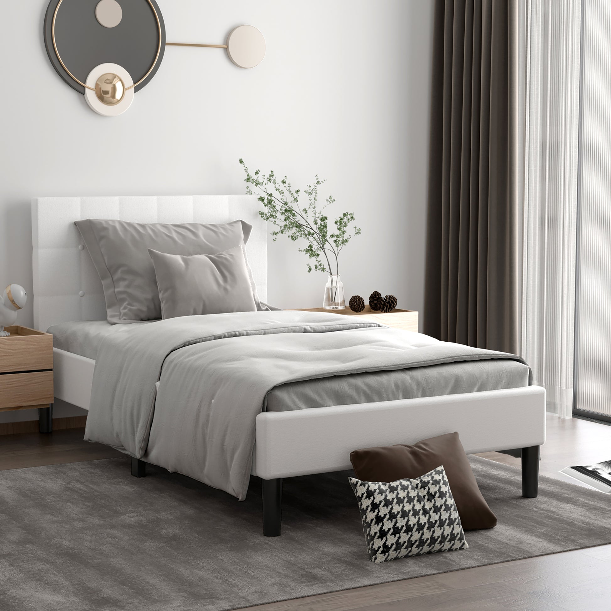 Twin Upholstered Bed Frame Button Tufted Headboard Mattress Foundation Beige