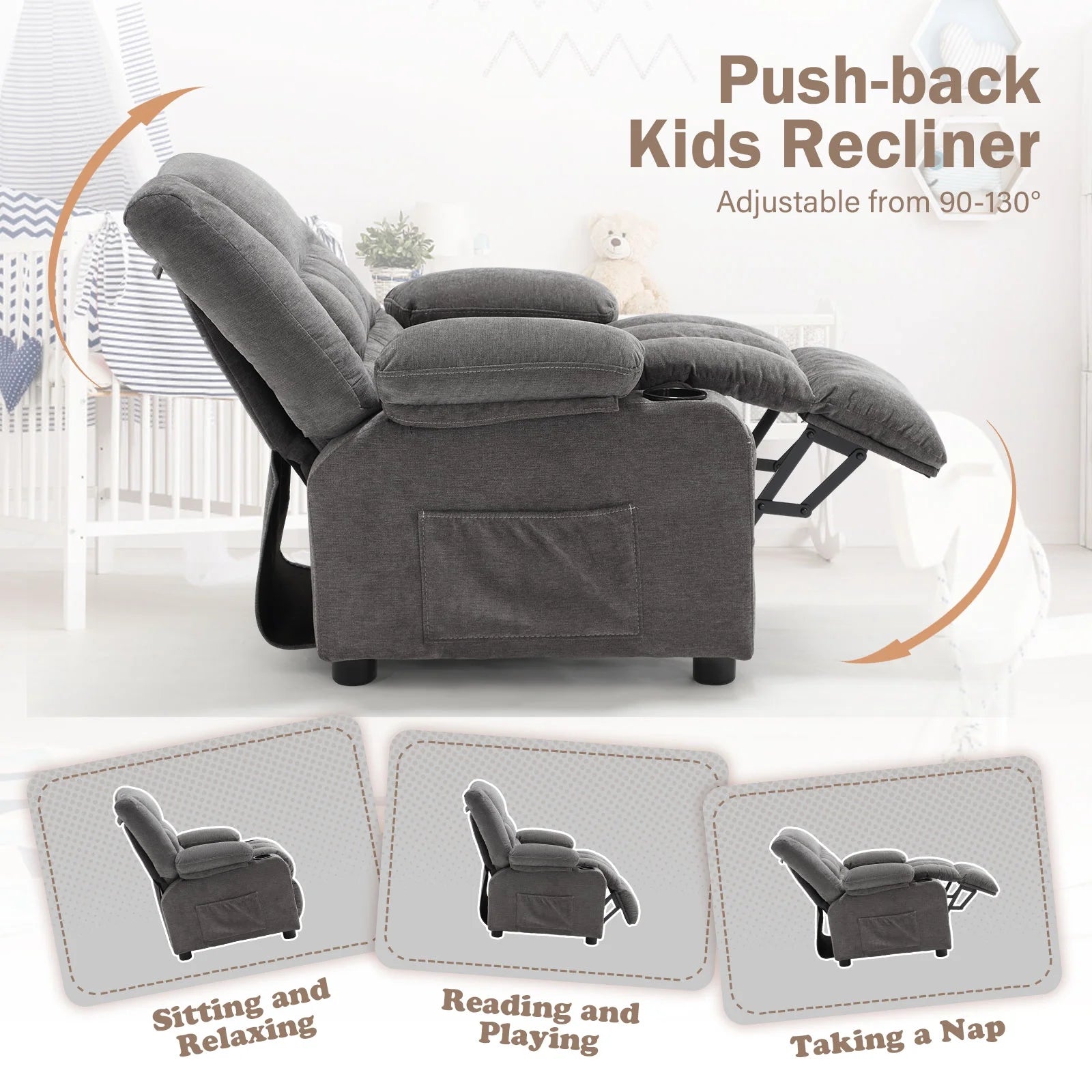 Kids Recliner Chair,Push Back Toddler Recliner with Cup Holders & Side Pockets,Adjustable Footrest & Headrest Kids Sofa for Boys Girls 3+ Age Group, Grey
