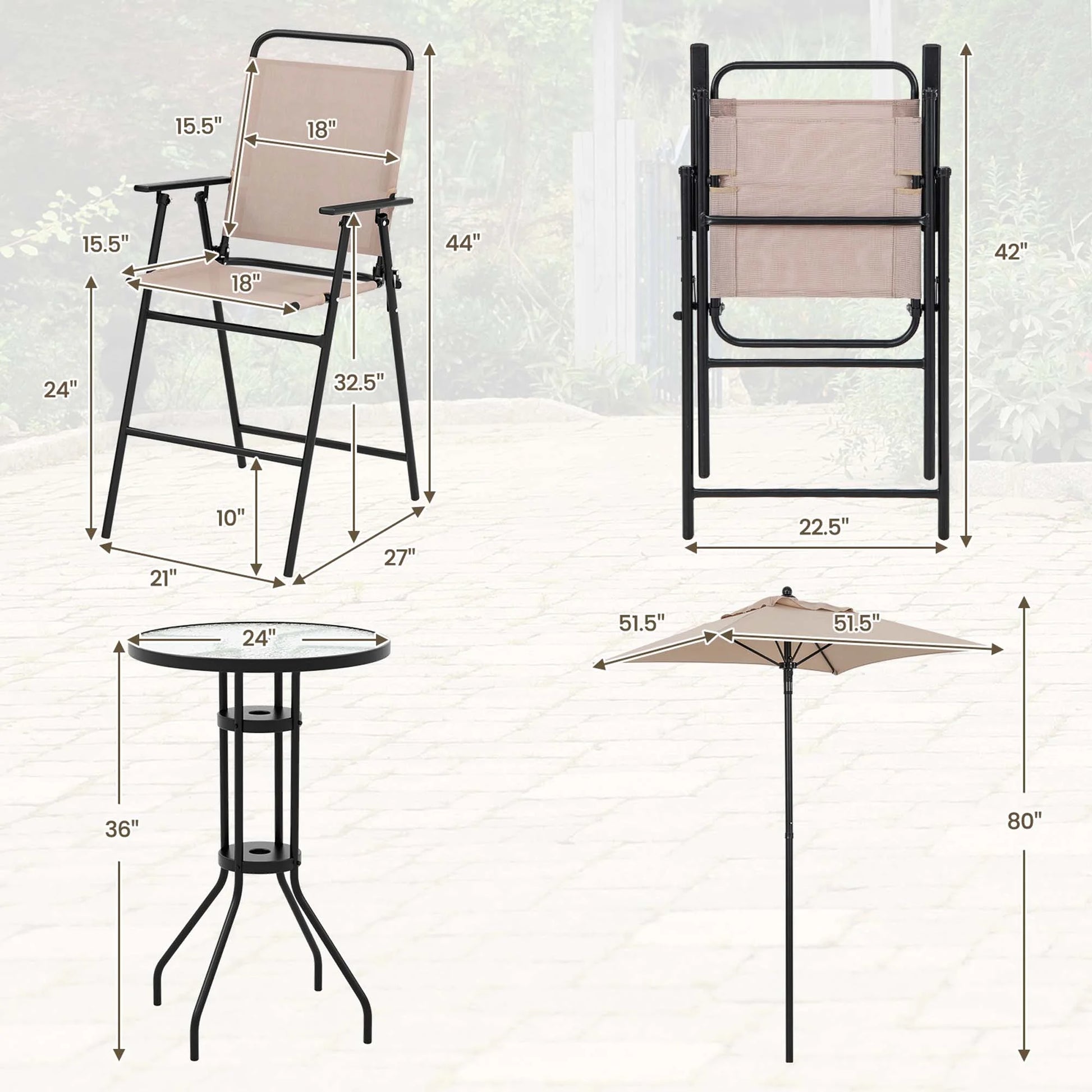 4PCS Patio Bistro Set Folding Counter Height Chairs round Bar Table& Umbrella