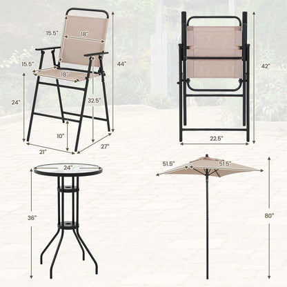 4PCS Patio Bistro Set Folding Counter Height Chairs round Bar Table& Umbrella