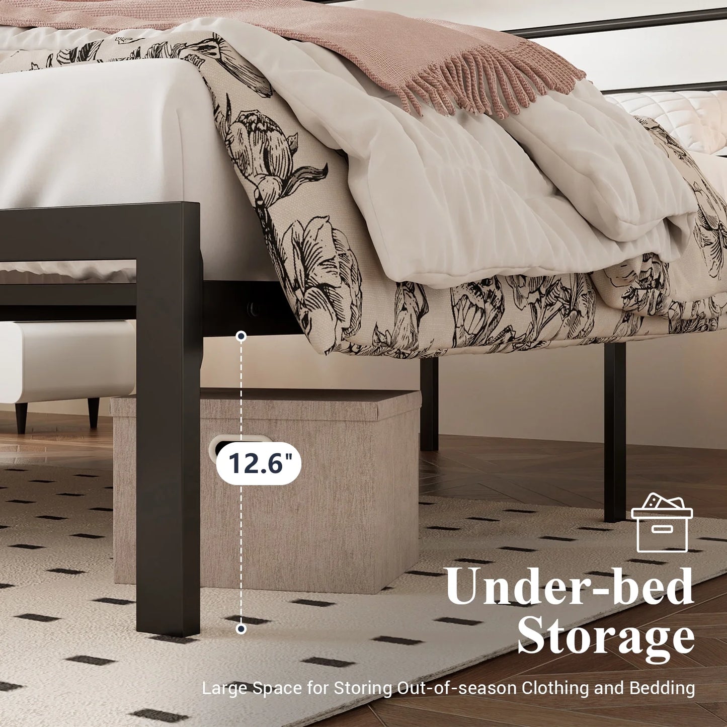 Twin Size Metal Platform Bed Frame with Black Shelf Headboard & Storage, Adult