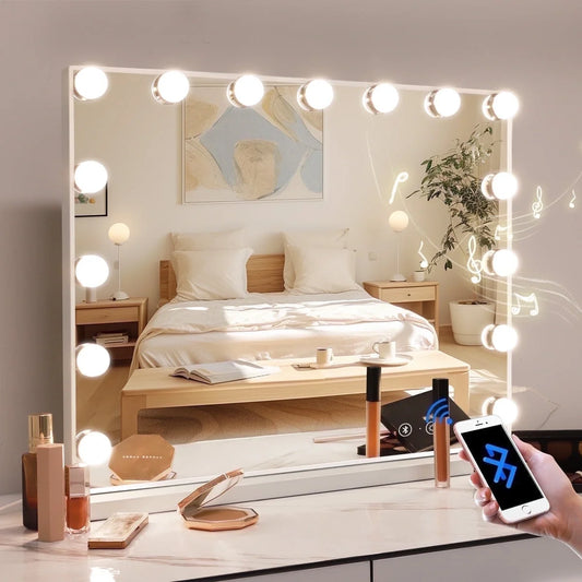 23''X18'' Vanity Mirror with Lights Bluetooth Tabletop Wall Mount Metal White
