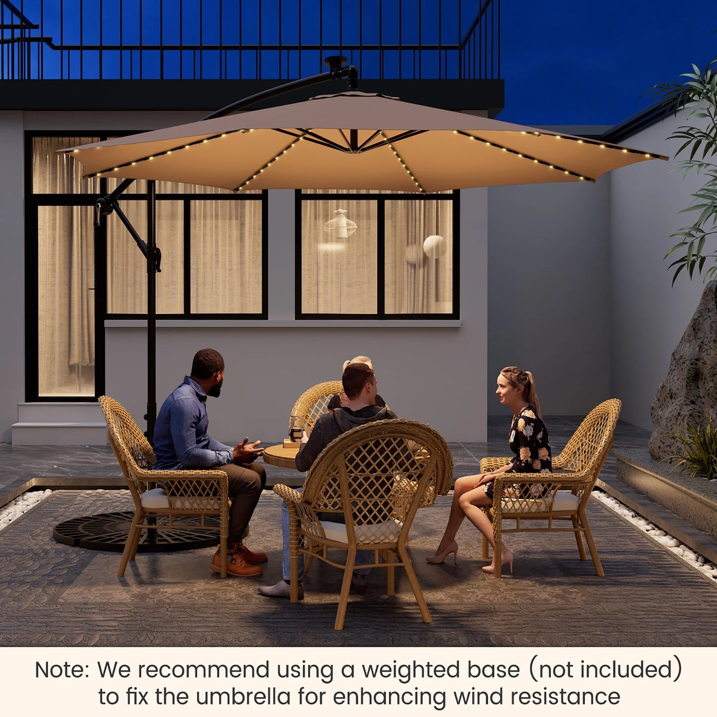 10FT Patio Solar-Lighted 112 LED Cantilever Offset Umbrella Crank Tilt Outdoor Beige
