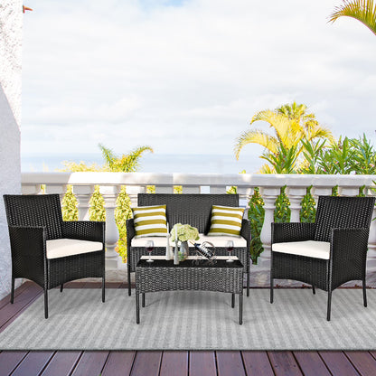 4PCS Patio Rattan Furniture Set Cushioned Sofa Coffee Table Backyard Porch Red