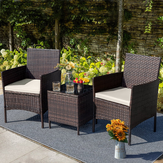 3 Pieces Patio Furniture Set Outdoor PE Rattan Wicker Patio Conversation Set Bistro Set with Tempered Glass and Cushioned Chairs, Brown/Beige