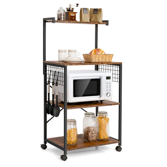 4-Tier Rolling Bakers Rack Industrial Utility Microwave Oven Stand Cart W/ Hooks