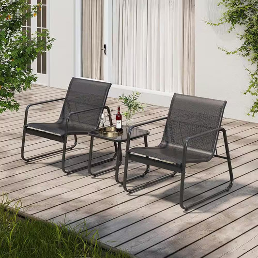 Patio Chairs Set of 2, Patio Furniture Set with Metal Frame Glass Table, Black