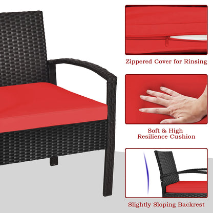 3PCS Patio Rattan Furniture Set Storage Table Cushioned Sofa Deck Red