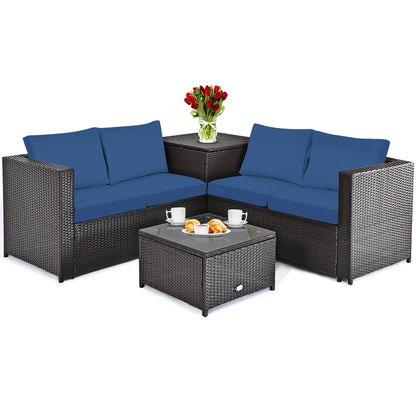 4PCS Patio Rattan Furniture Set Cushioned Loveseat Storage Table Navy