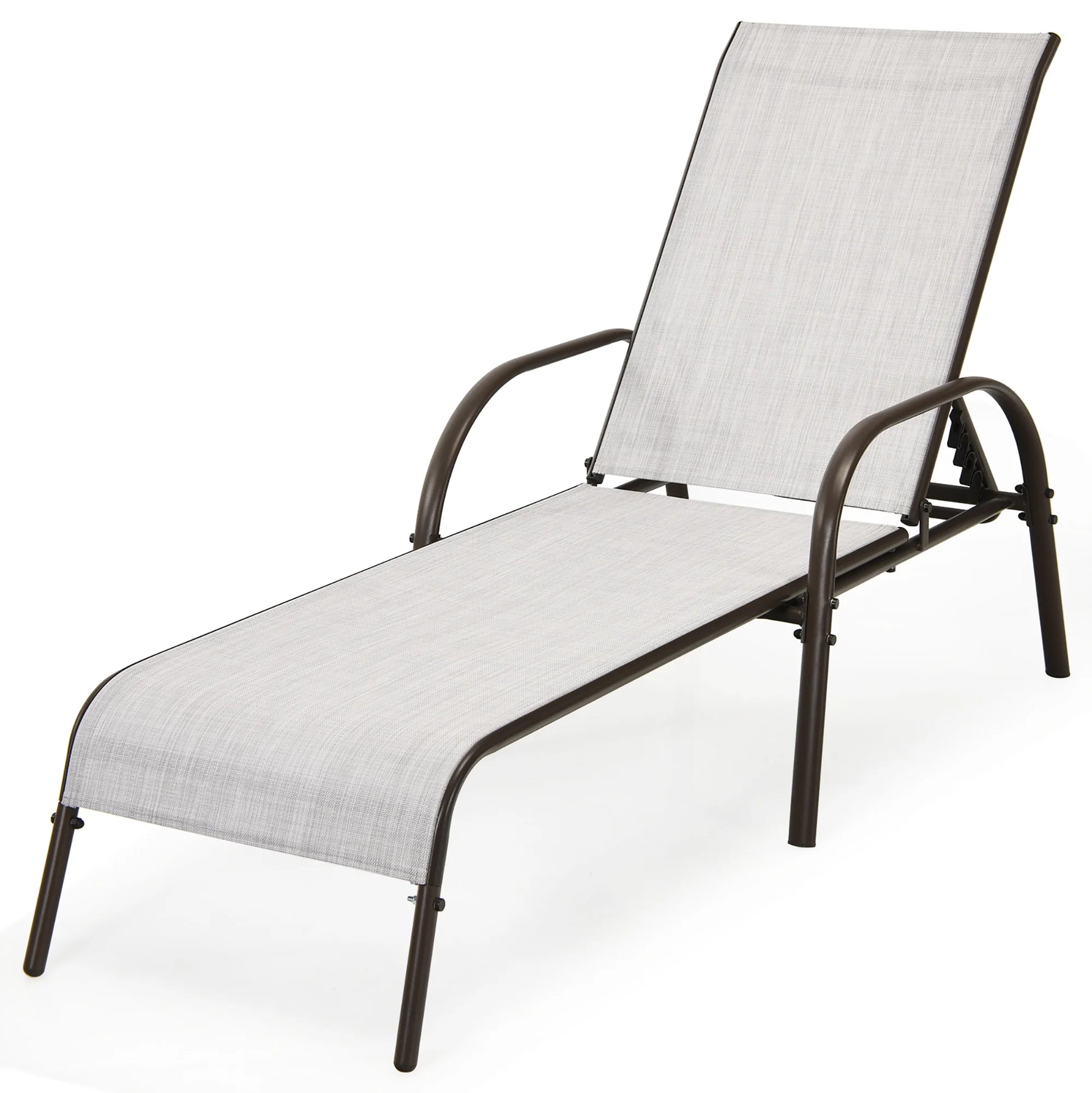 2PCS Patio Lounge Chair Chaise Adjustable Reclining Armrest Gray