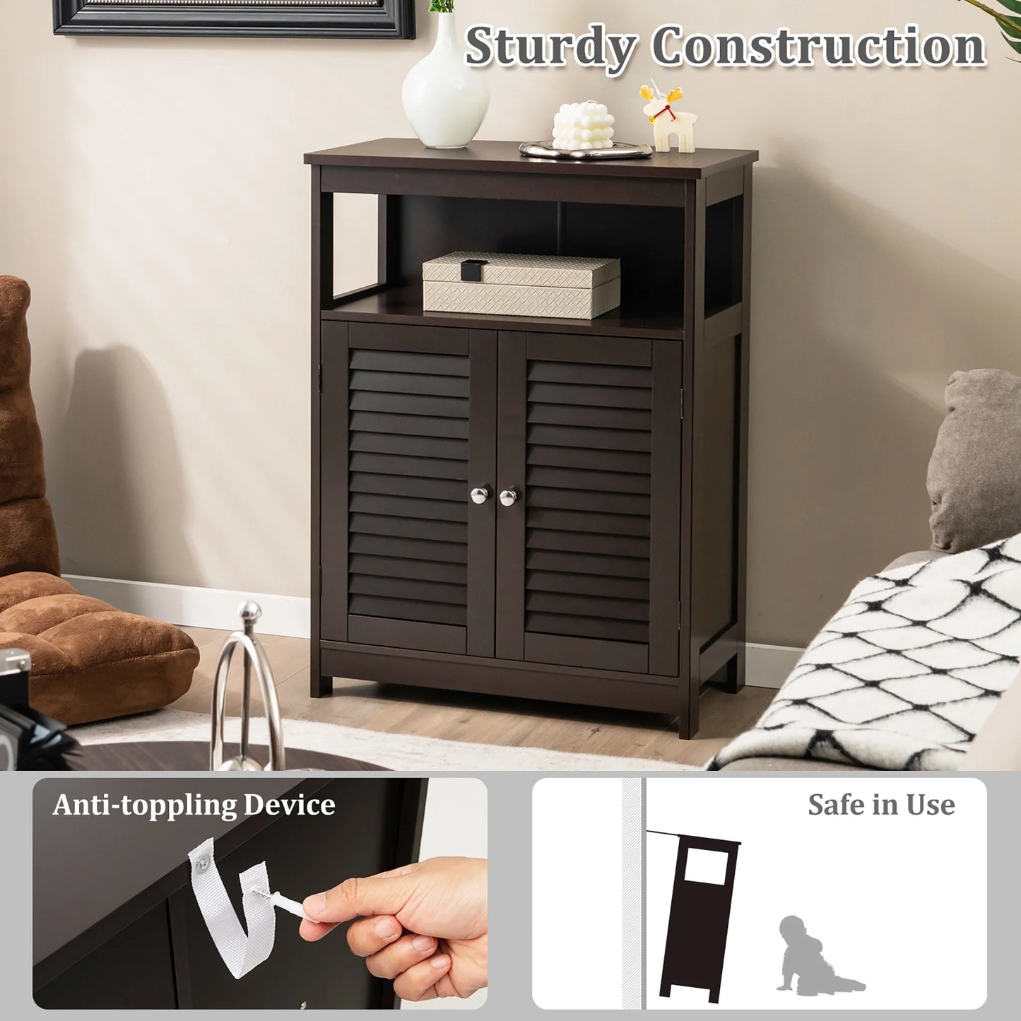 Bathroom Storage Wood Floor Cabinet with Double Shutter Door Coffee