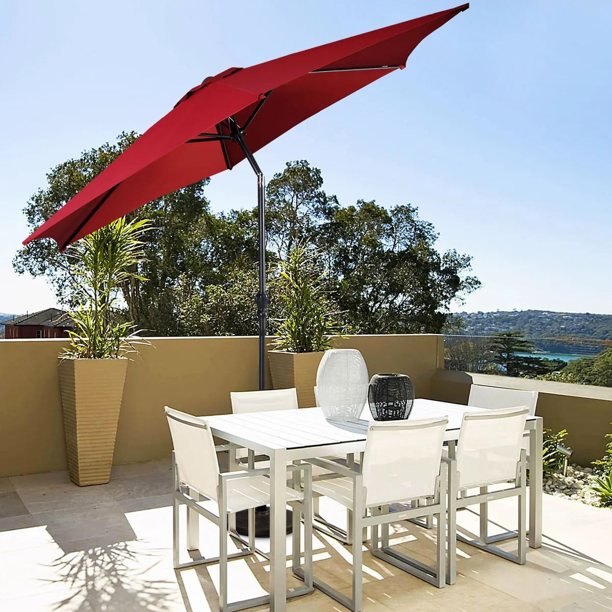 96" Burgundy Solid Print Hexagon Market Patio Umbrella, UV Protective