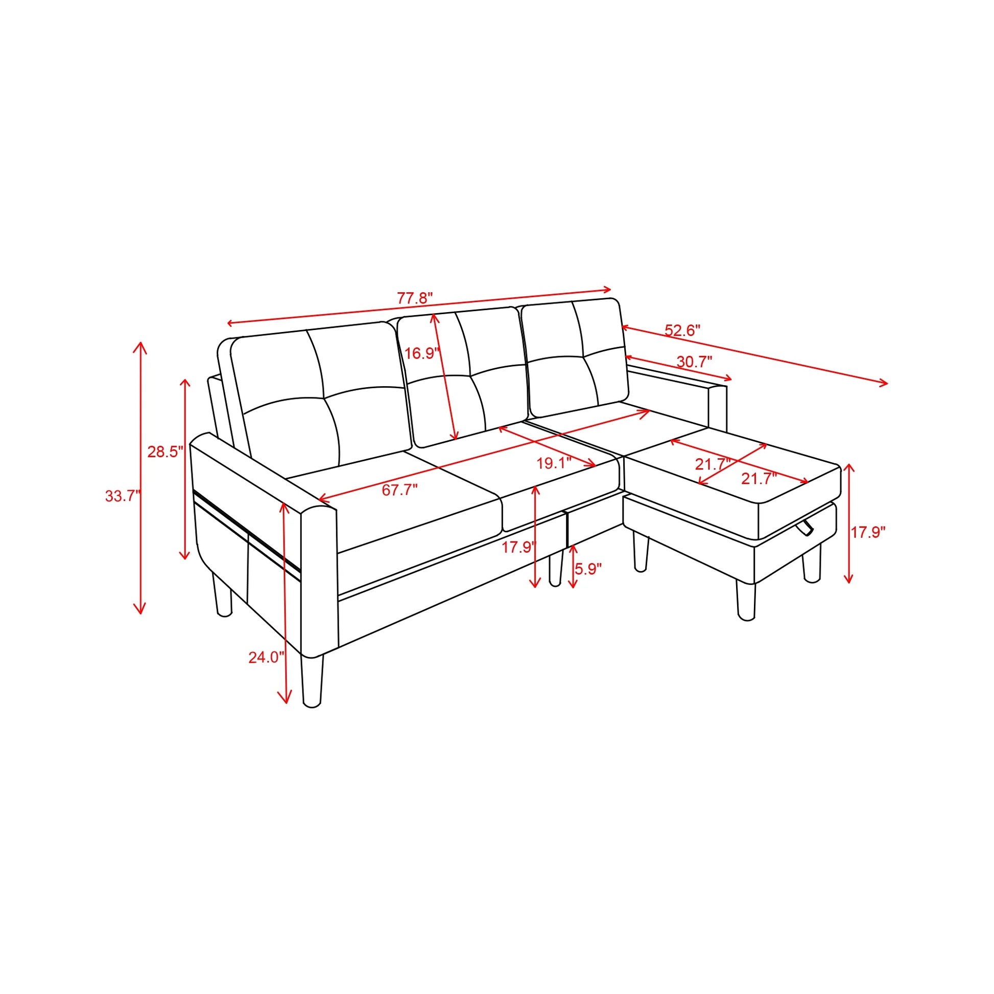 78" Convertible Sectional Sofa Couch L Shaped Couch Sofa for Living Room,Small 3 Seater Sofa Couch with Storage Ottoman and Side Pockets(Light Gray)