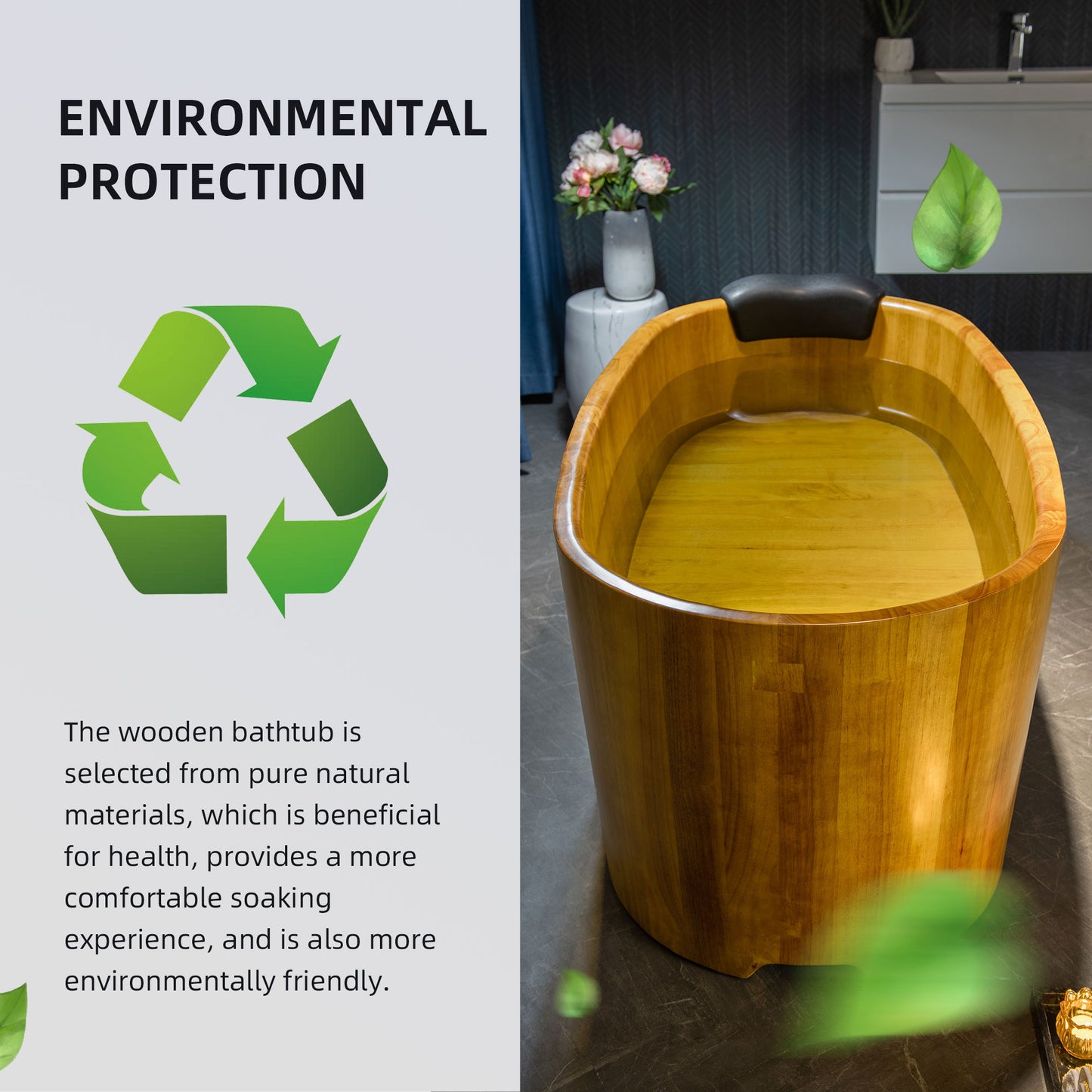 67" Handcrafted Natural Wood Freestanding Bathtub