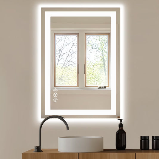 LED Bathroom Mirror 24"X 32" with Stepless Dimmable Wall Mirrors with Anti-Fog, Vanity Mirror with 3 Color Modes, Shatter-Proof, Bathroom Mirror with LED Lights