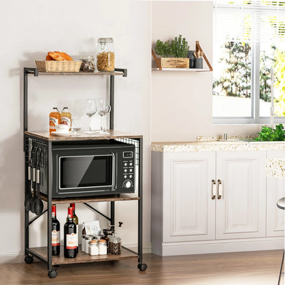 4-Tier Rolling Bakers Rack Industrial Utility Microwave Oven Stand Cart W/ Hooks