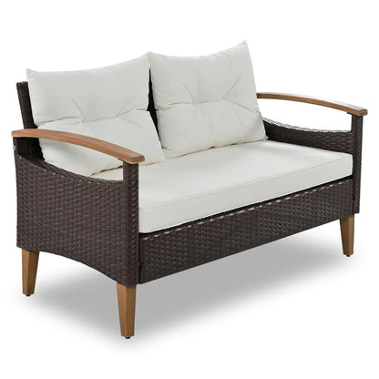 4-Piece Patio Seating Set, Patio Furniture Set, Patio Furniture Set, Wicker Garden Furniture with Wood Table and Legs, PE Rattan Outdoor Sofa Set for Balcony, Beige