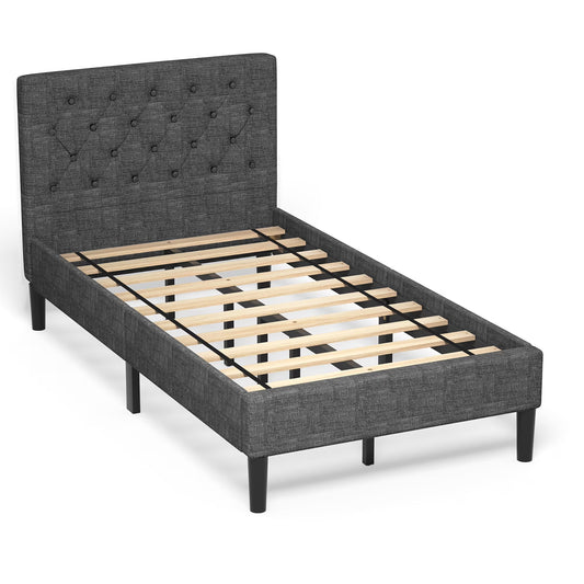 Twin Upholstered Bed Frame Diamond Stitched Headboard Wood Slat Support