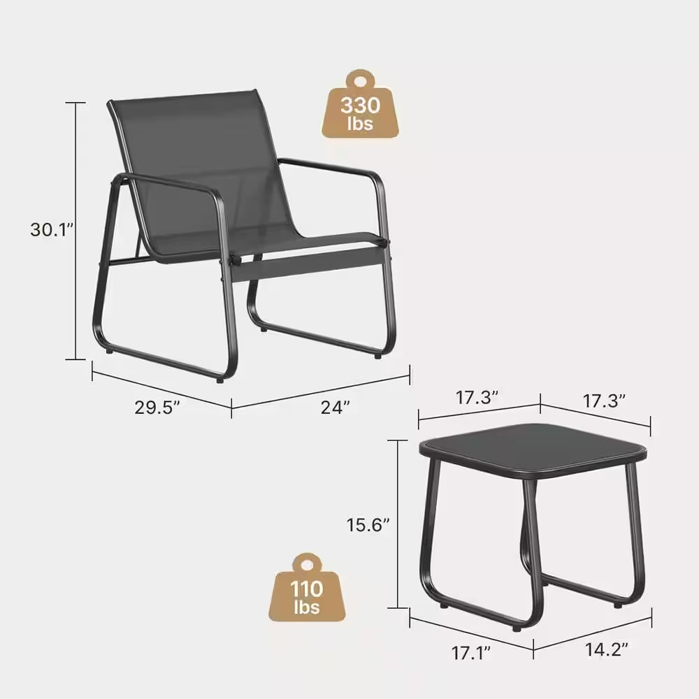 Patio Chairs Set of 2, Patio Furniture Set with Metal Frame Glass Table, Black