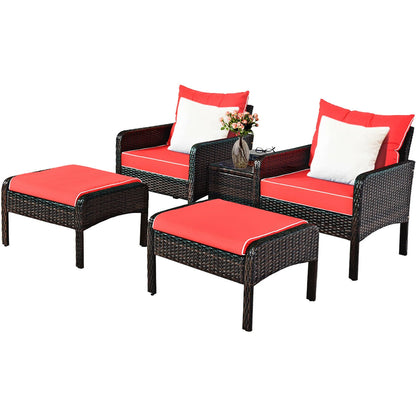 5 PCS Patio Rattan Furniture Set Sofa Ottoman Table Cushioned Yard Red