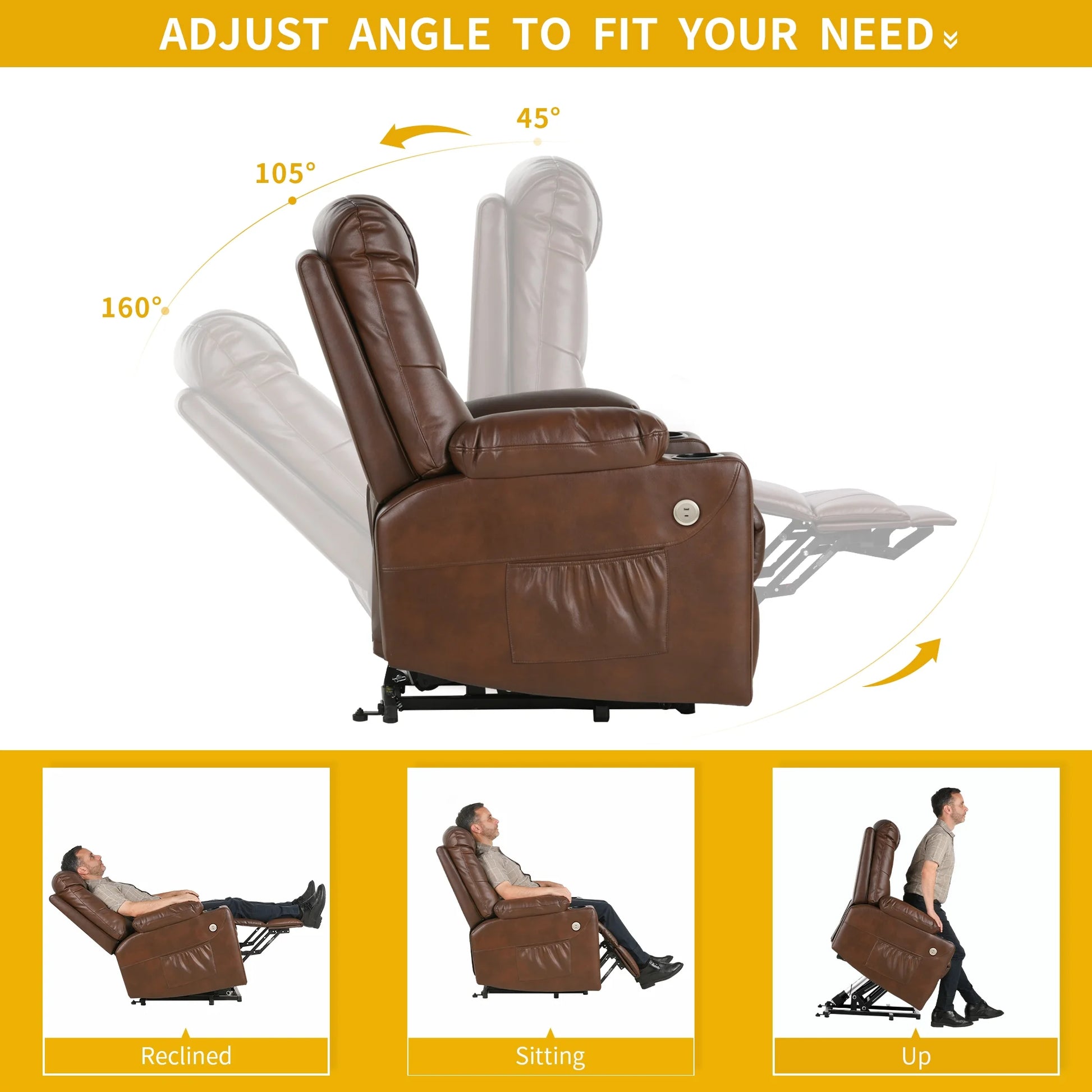 Power Lift Recliner Chair Heated PU Leather with Massage, Brown