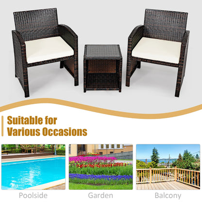 3PCS Patio Rattan Wicker Furniture Cushion Sofa Coffee Table White