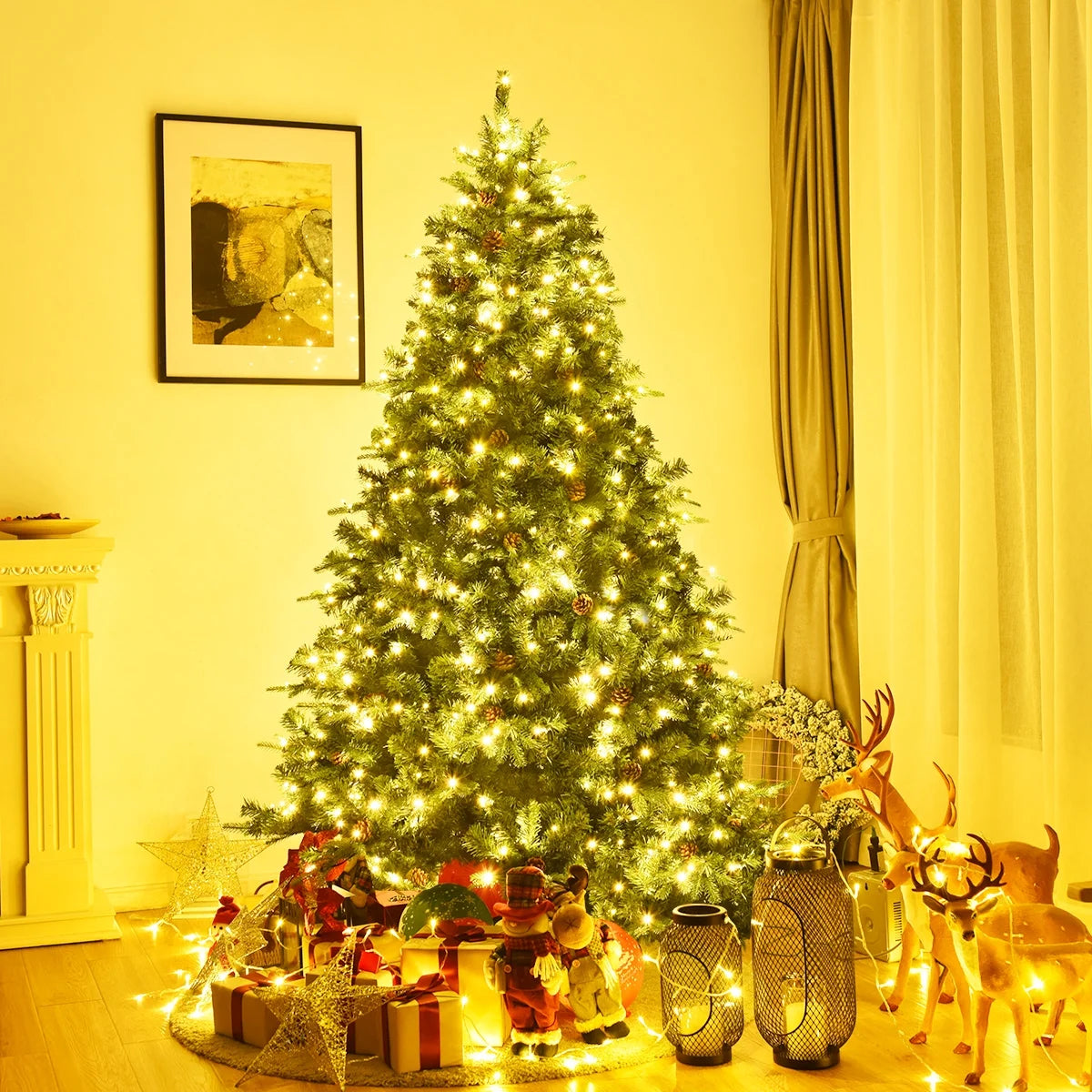 7Ft Pre-Lit Christmas Tree Hinged 460 LED Lights Pine Cones